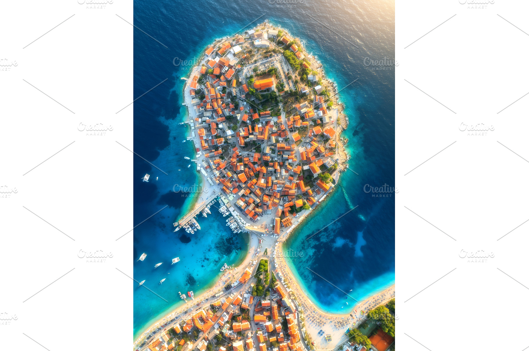 Aeriel view of old town on island, an Architecture Photo by den-belitsky
