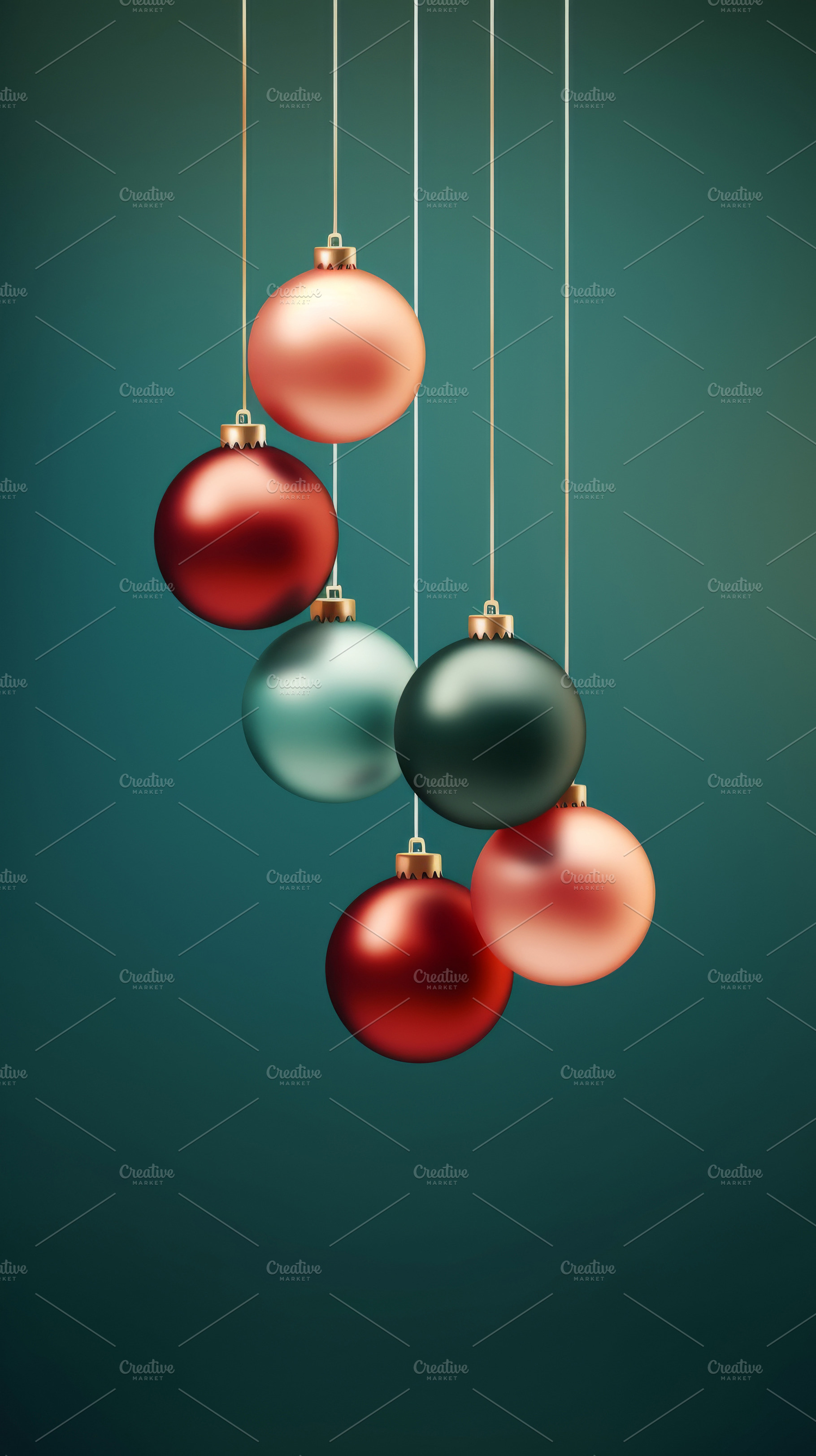 Christmas red and green matte ornaments on teal green background, a Photo by Dvoevnore photos