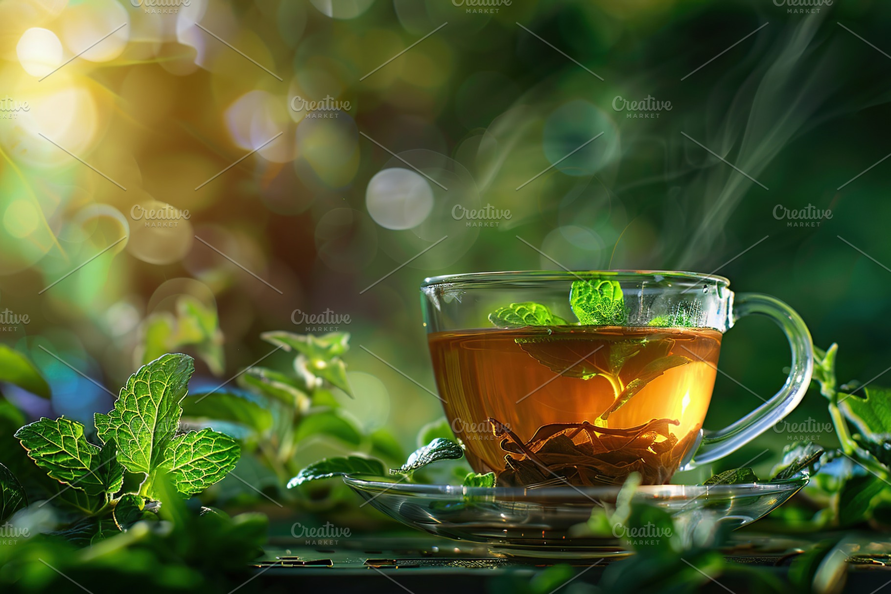 Glass cup of aromatic tea with green mint leafs and steam on blurred green back, a Food & Drink Photo by AlyaAnd
