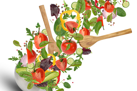 Iron bowl and levitating salad ingredients. Slices of tomato and, a Food & Drink Photo by ndanko