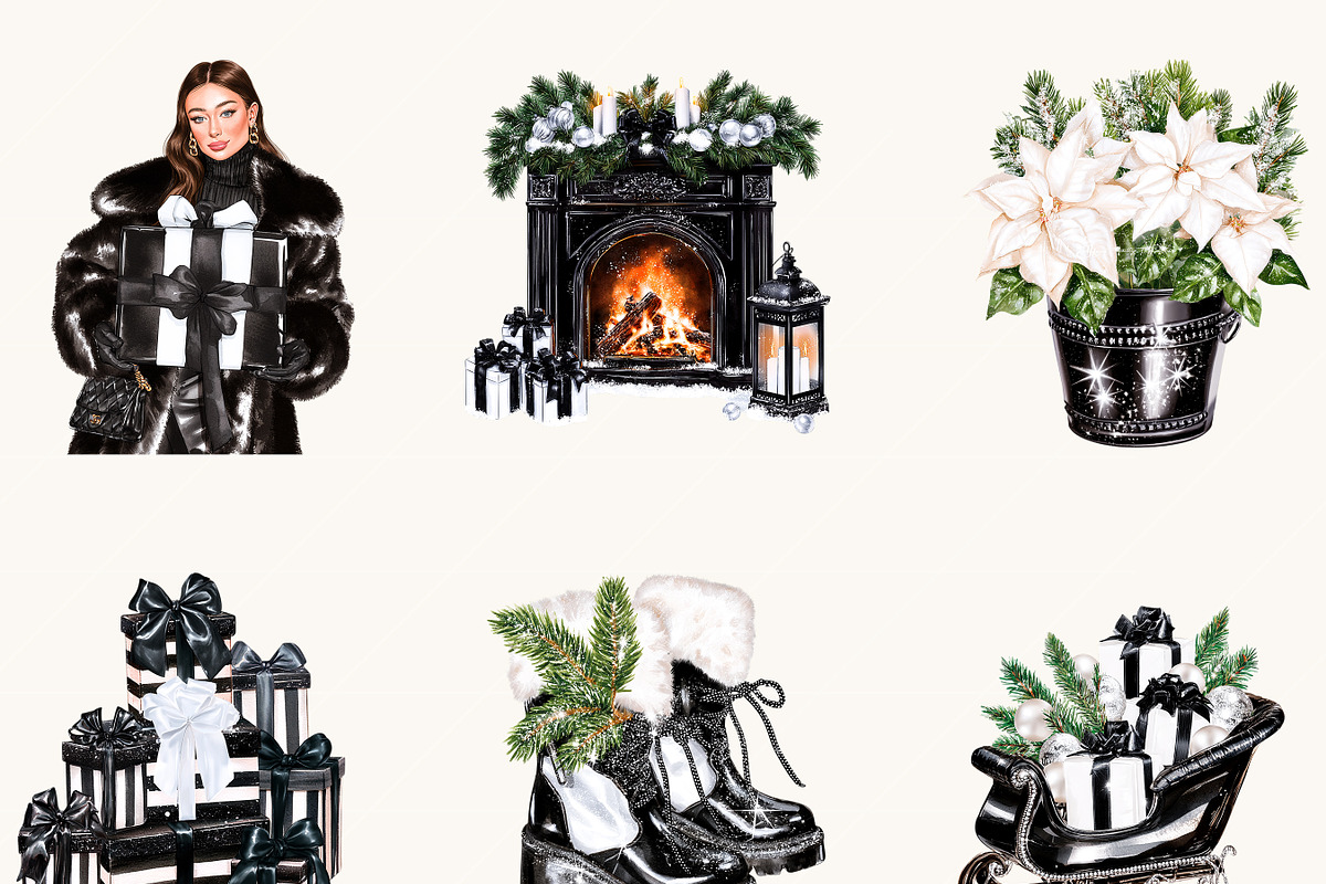 Black & White Christmas Clipart, a Seasonal Illustration by BusyDaydesign (Photo 5 of 9)