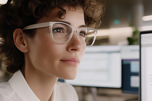Female software developer focused in modern tech office setting, a Photo by Dvoevnore photos