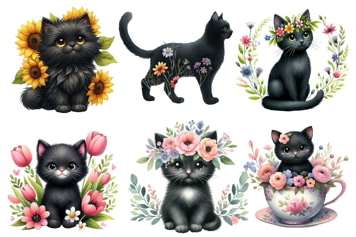 Watercolor Floral Black Cat Clipart, an Illustration by Designworld (Photo 4 of 5)