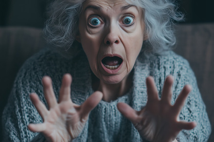 An elderly woman with curly gray hair, wide eyes, and an open mouth, expressing, a Person Photo by Textures & Backgrounds
