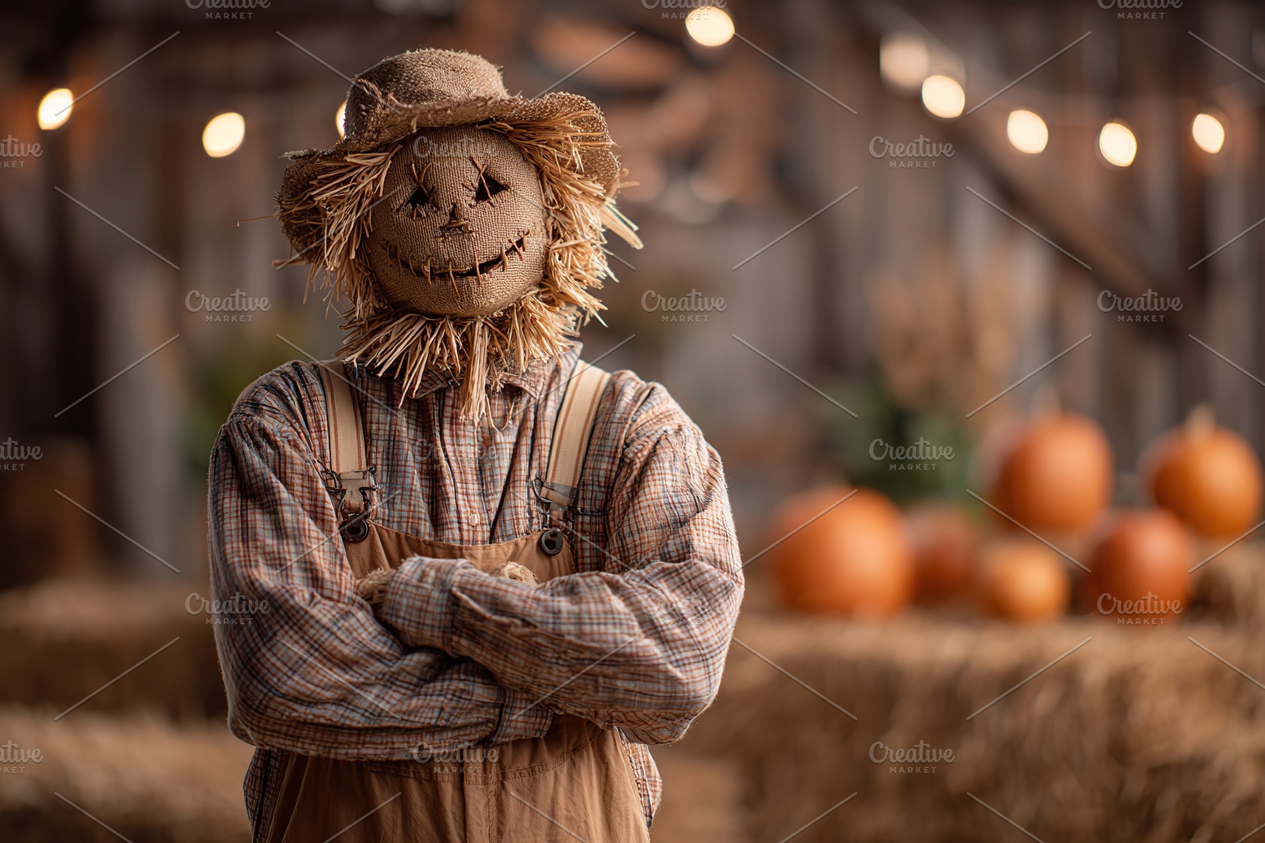 Scarecrow stands in a rustic barn during autumn with pumpkins in the background, a Photo by AlyaAnd