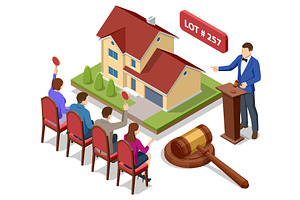 Isometric real estate auction with, an Object Illustration by Golden Sikorka