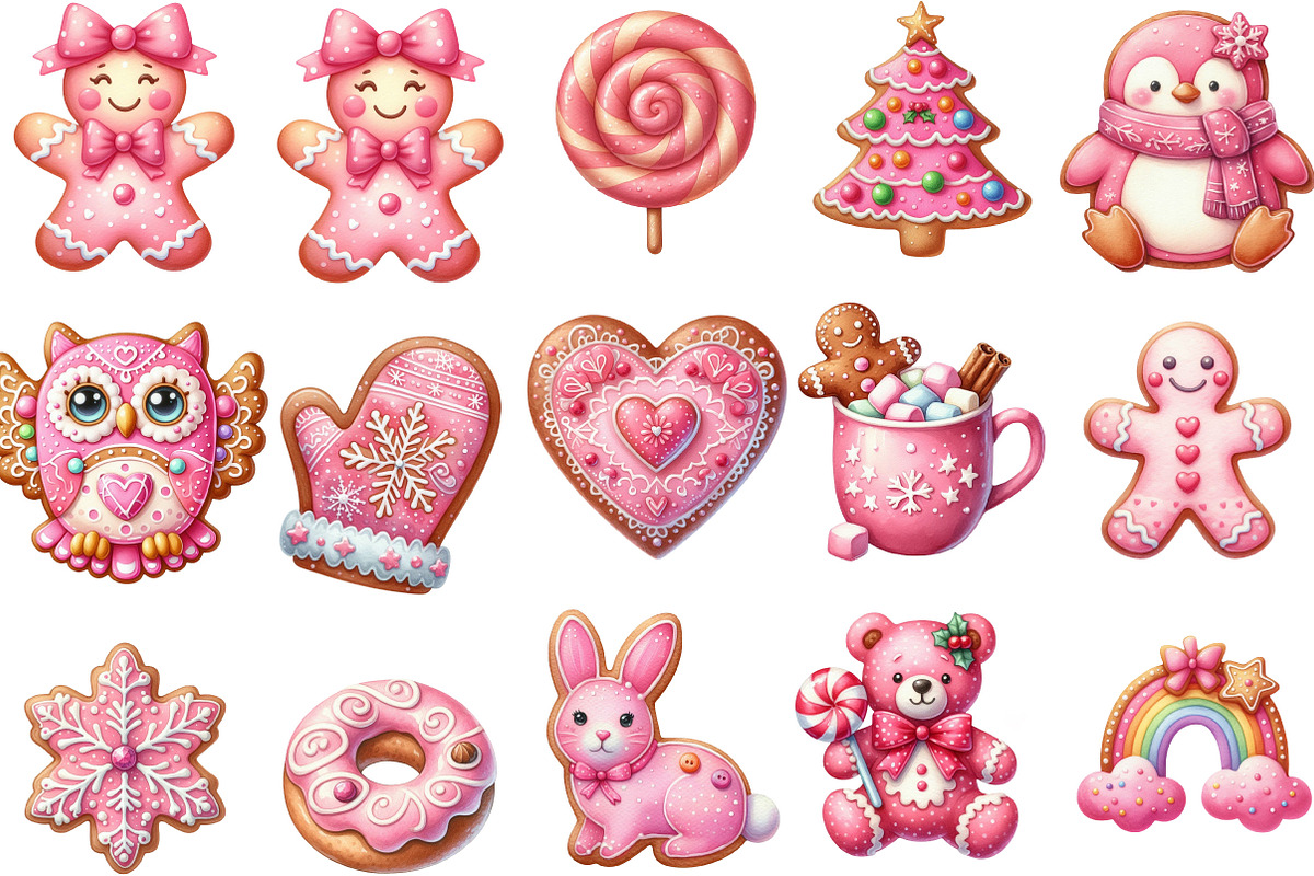 Watercolor Pink Gingerbread Clipart, an Illustration by Designking (Photo 3 of 5)