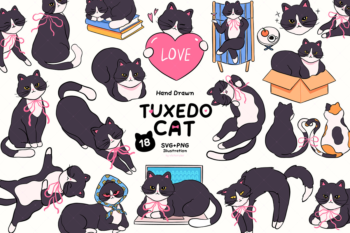 Tuxedo Cat Clipart Bundle, an Animal Illustration by Victoruler (Photo 1 of 9)