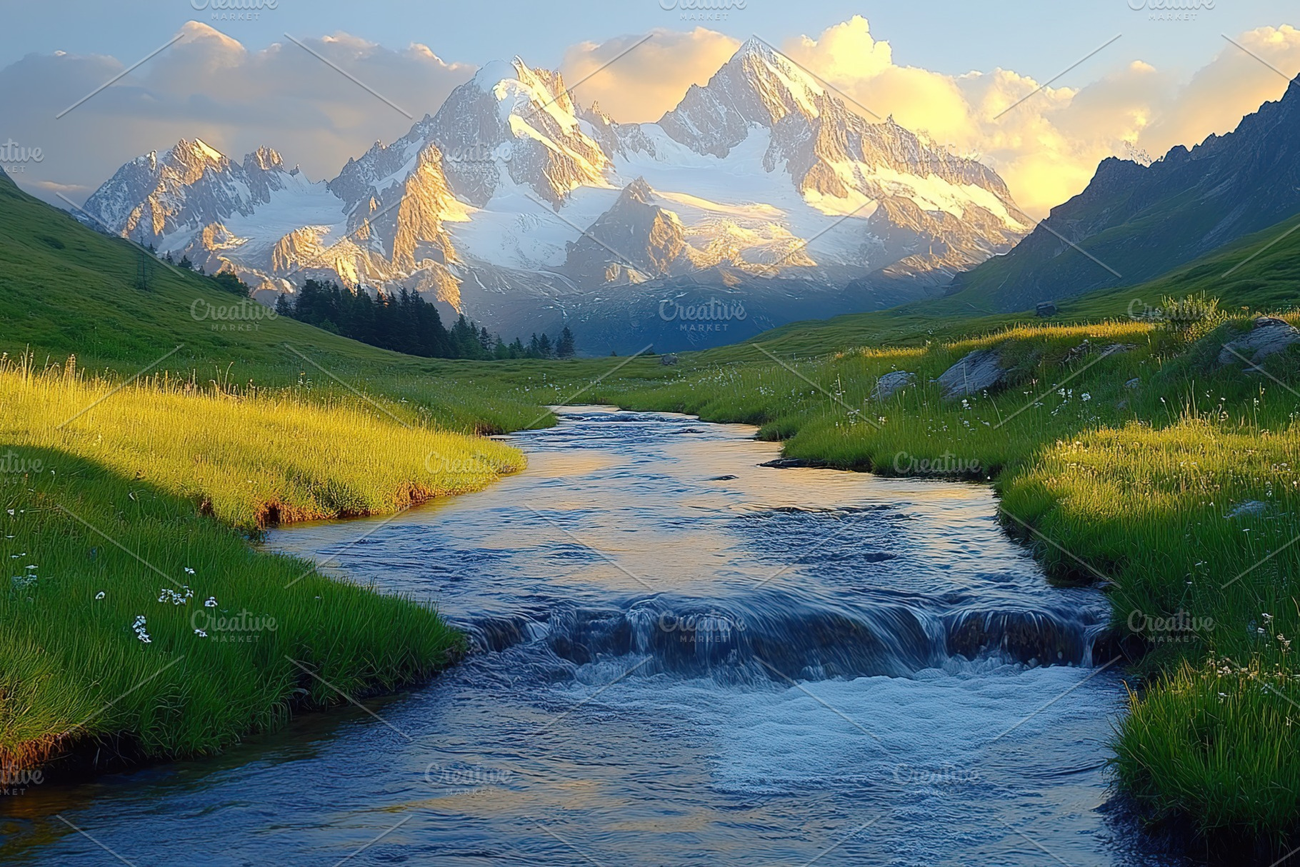 Beautiful landscape with water stream on mountains background, a Photo by AlyaAnd