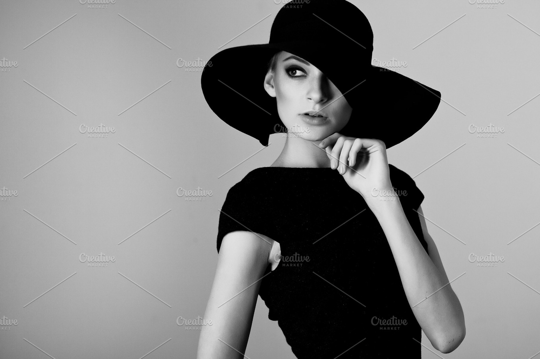 Woman retro fashion portrait featuring black, white, and hat, a Beauty & Fashion Photo by MaxFrost