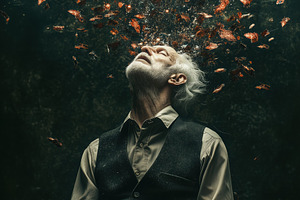 An elderly psycholinguist man sits in a chair with his head tilted back, eyes c, a Person Photo by Textures & Backgrounds