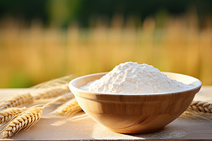 Flour in wooden bowl with wheat ears on field background, a Food & Drink Photo by AlyaAnd