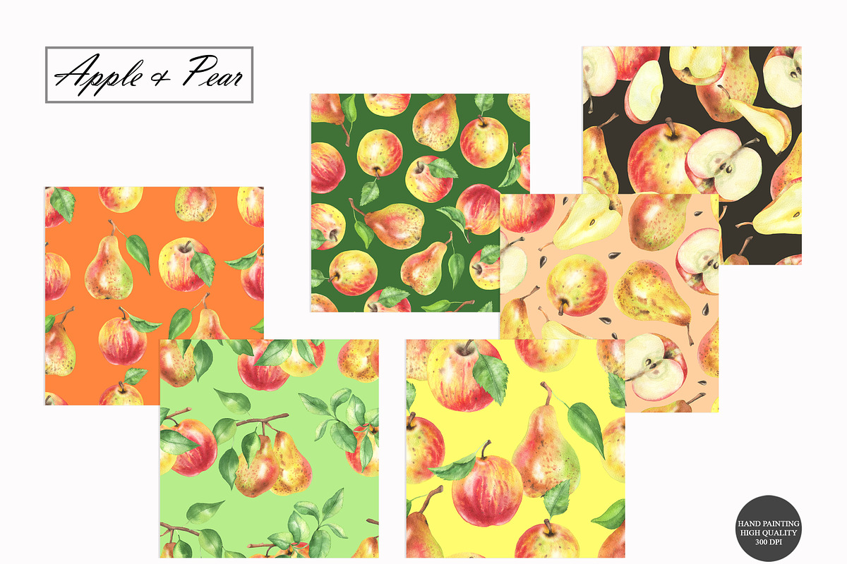 Watercolor Apple & Pear Patterns, a Food Illustration by OlDm_Shop (Photo 2 of 10)