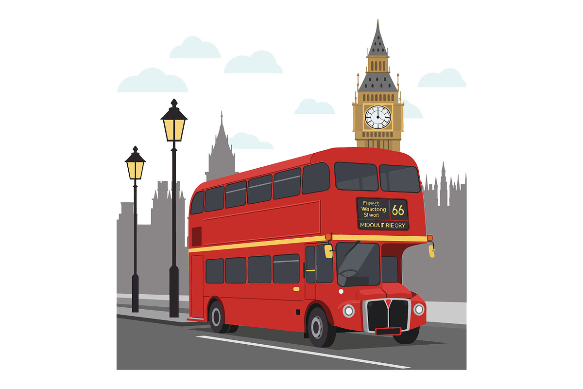 Iconic red double-decker bus against, an Illustration by designvectx