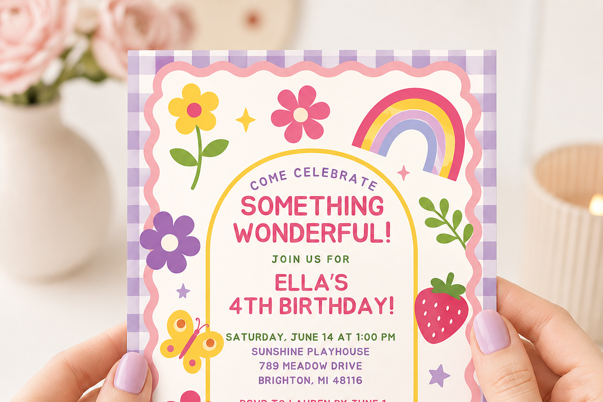 Retro Rainbow Girls Birthday Invite, an Invitation Template by heynomi (Photo 2 of 20)