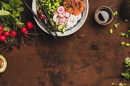 Hawaiian salmon poke bowl with containing food, healthy, and trendy, a Food & Drink Photo by Foxys
