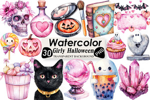 Watercolor Girly Halloween Clipart, an Illustration by Black Bird Studio