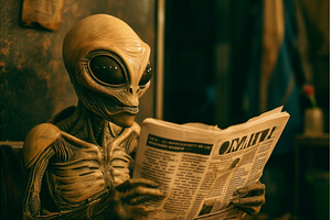 Alien read newspaper. Generate Ai, a School & Education Photo by Ylivdesign