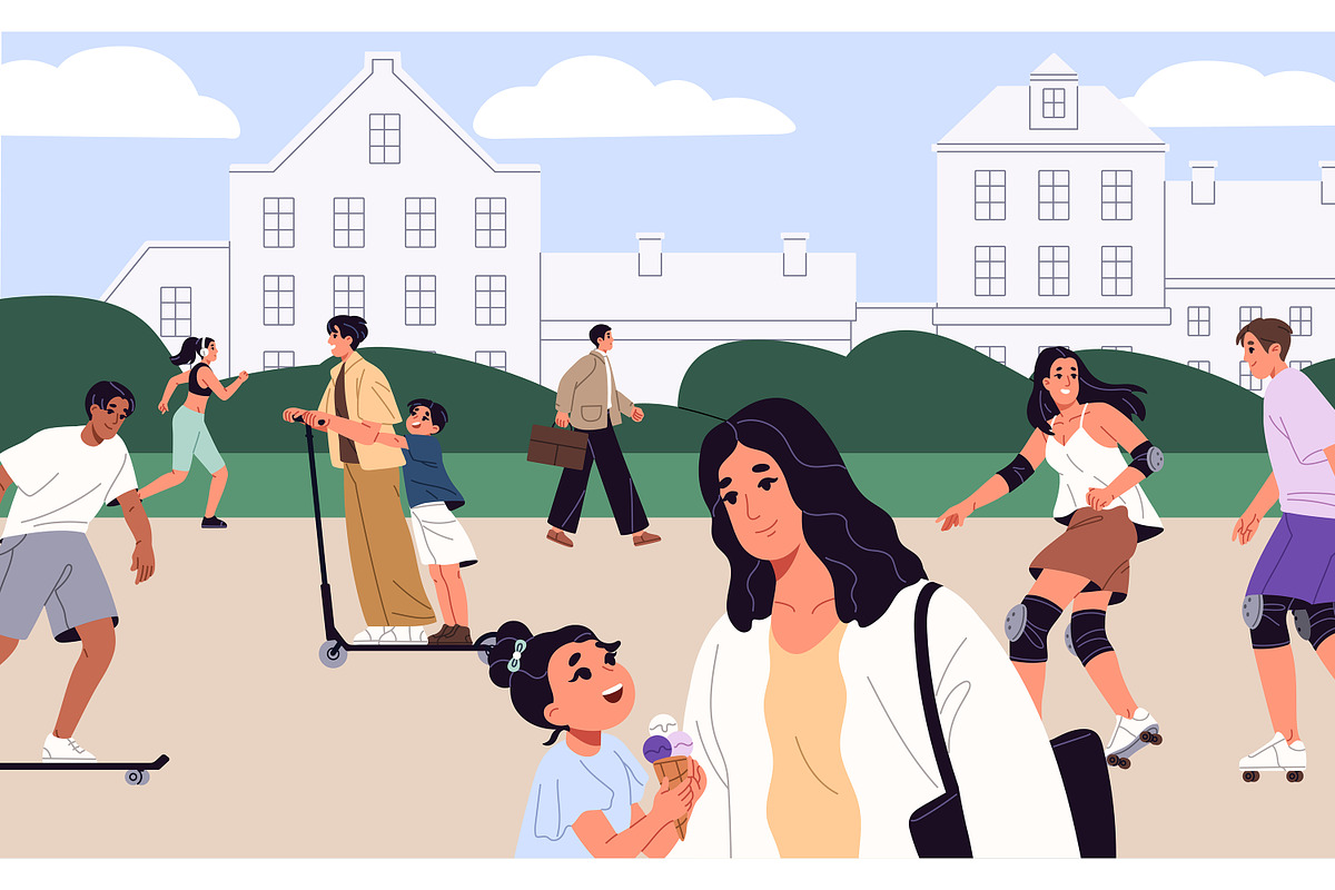 People crowd walk in urban park, a Person Illustration by PaperTrident (Photo 2 of 3)