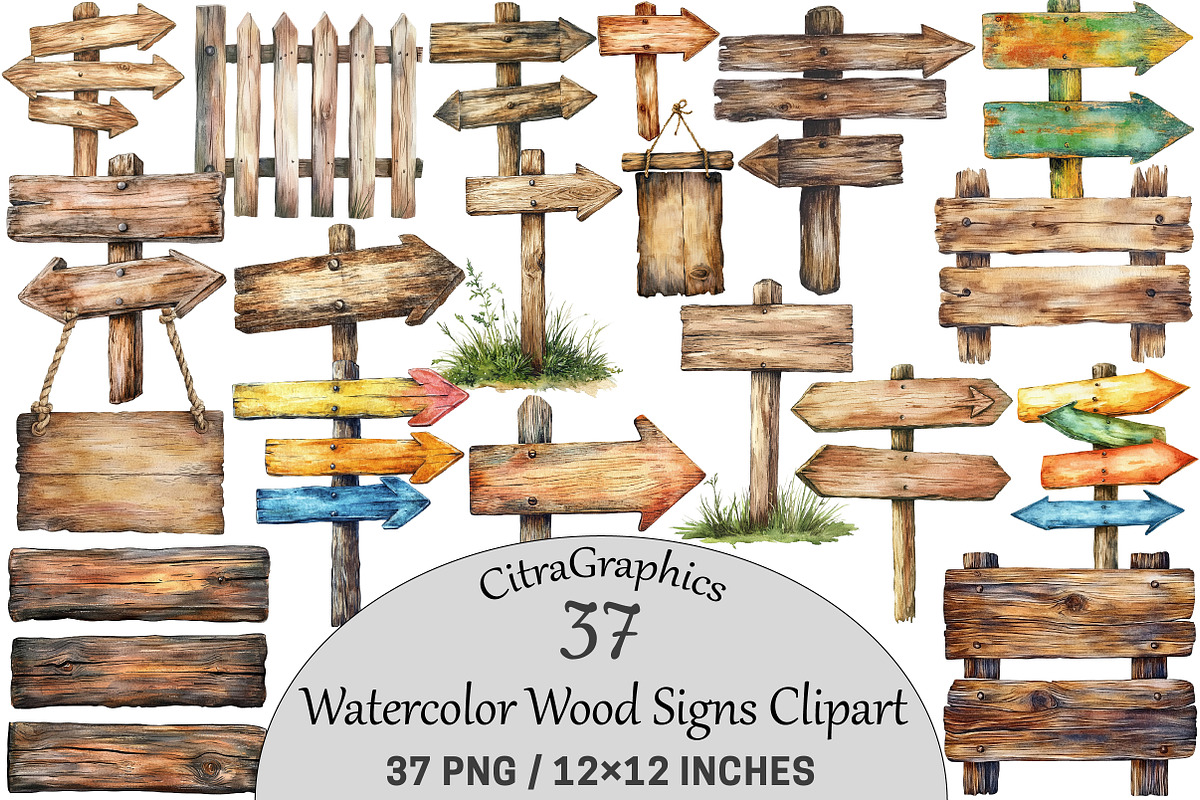 Watercolor Wood Signs Clipart, a Seasonal Illustration by CitraGraphics (Photo 1 of 6)
