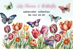 Lily Flowers & Butterfly Watercolor