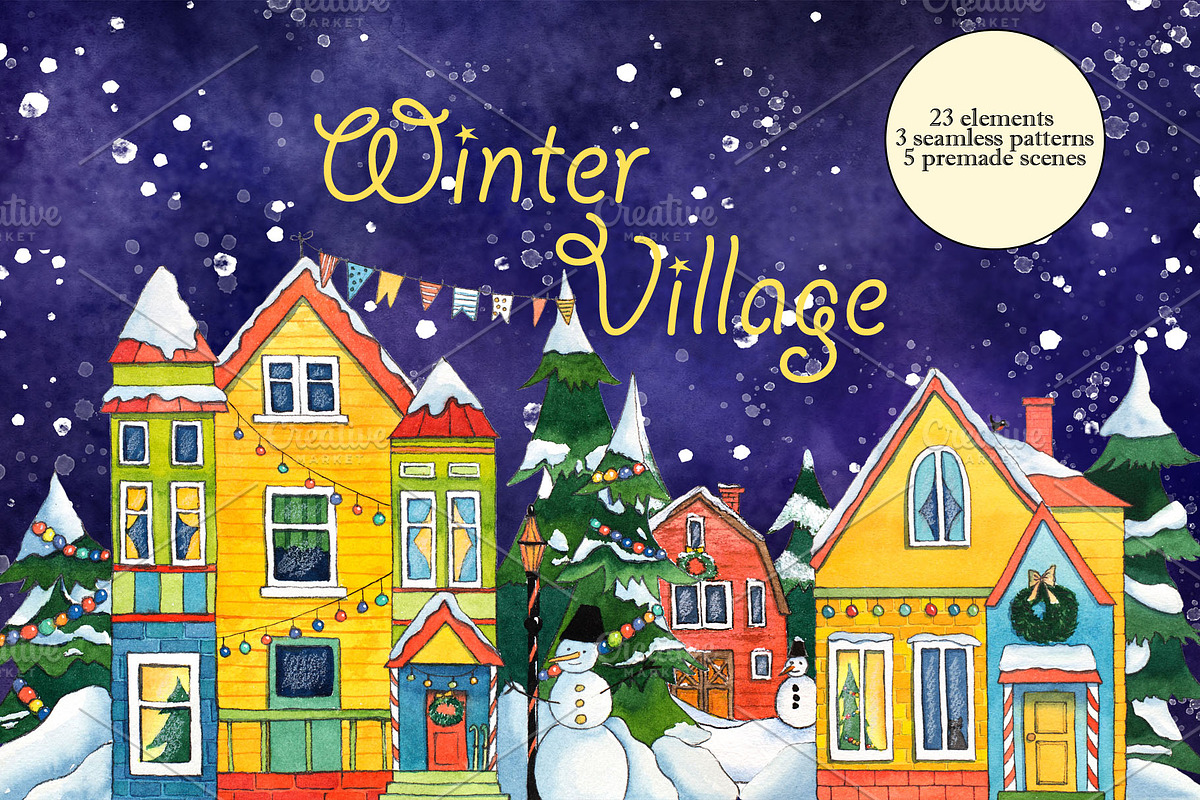 Winter Village Watercolor Set, an Illustration by Daria's Magic World (Photo 1 of 5)