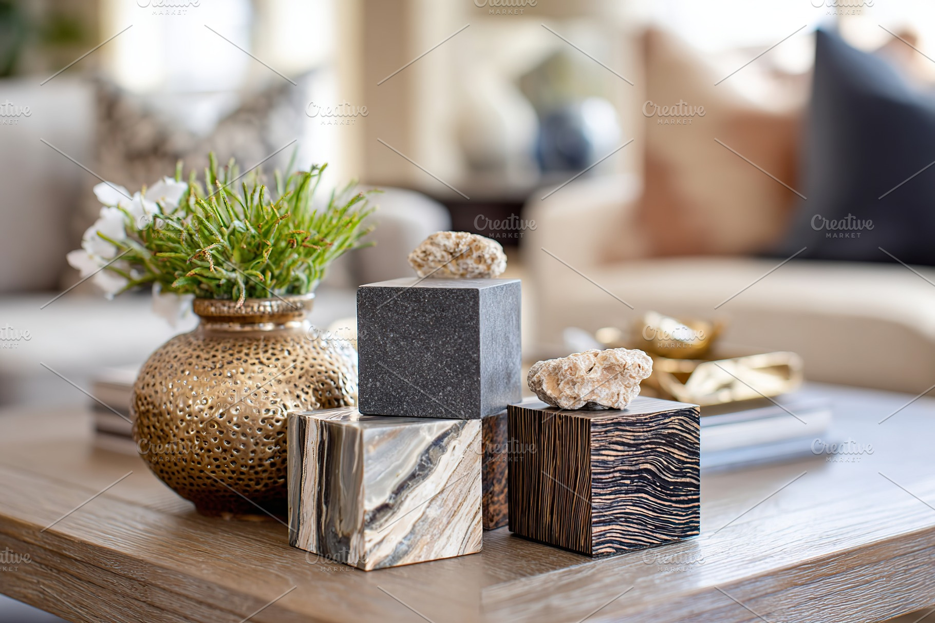 Elegant display of decorative stone cubes with greenery and a cozy interior amb, an Abstract Photo by AlyaAnd