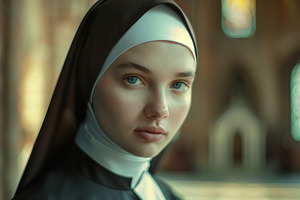 Young praying nun in church on blurred background, a Photo by AlyaAnd