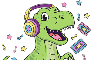 dinosaur listens to retro music, an Animal Illustration by JYa_Design