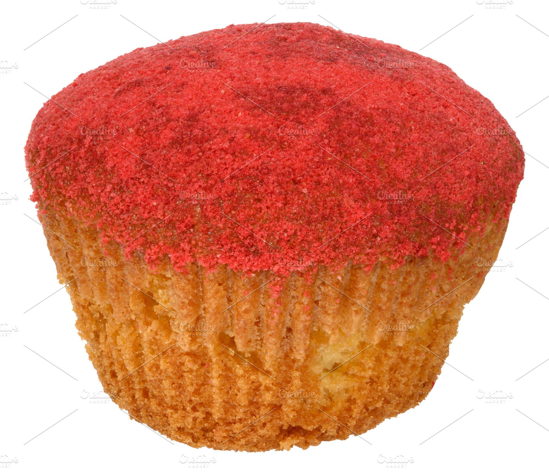 A single red velvet cupcake with red crumbs on top, a Food & Drink Photo by ndanko
