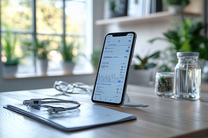 Desk setup featuring smartphone disp, a Photo by Tanuart