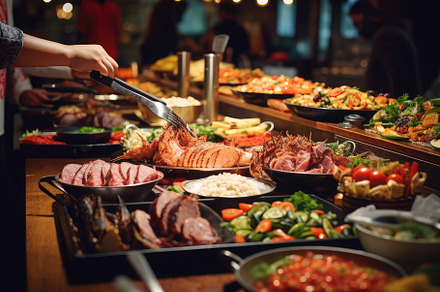 Enjoying buffet in restaurant, with, a Photo by SaroStock