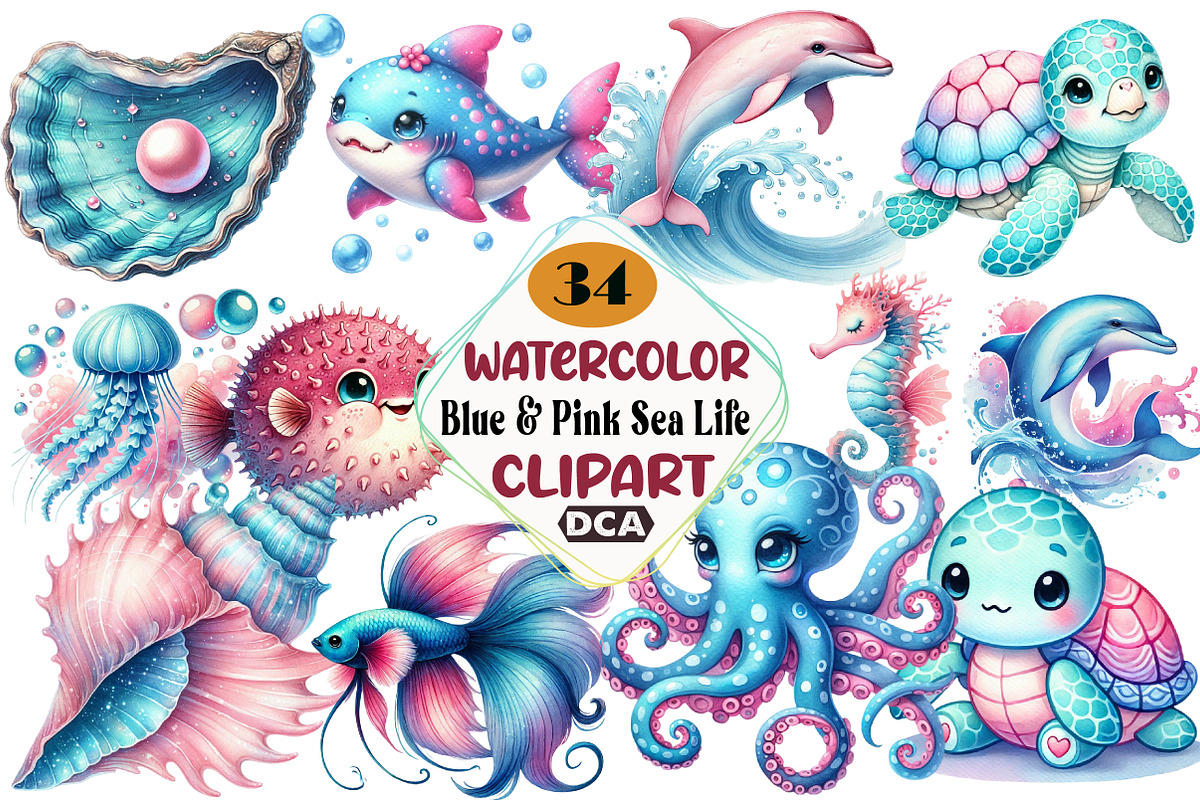 Watercolor Blue & Pink Sea Life Clip, an Illustration by DreamCafeArt (Photo 1 of 4)