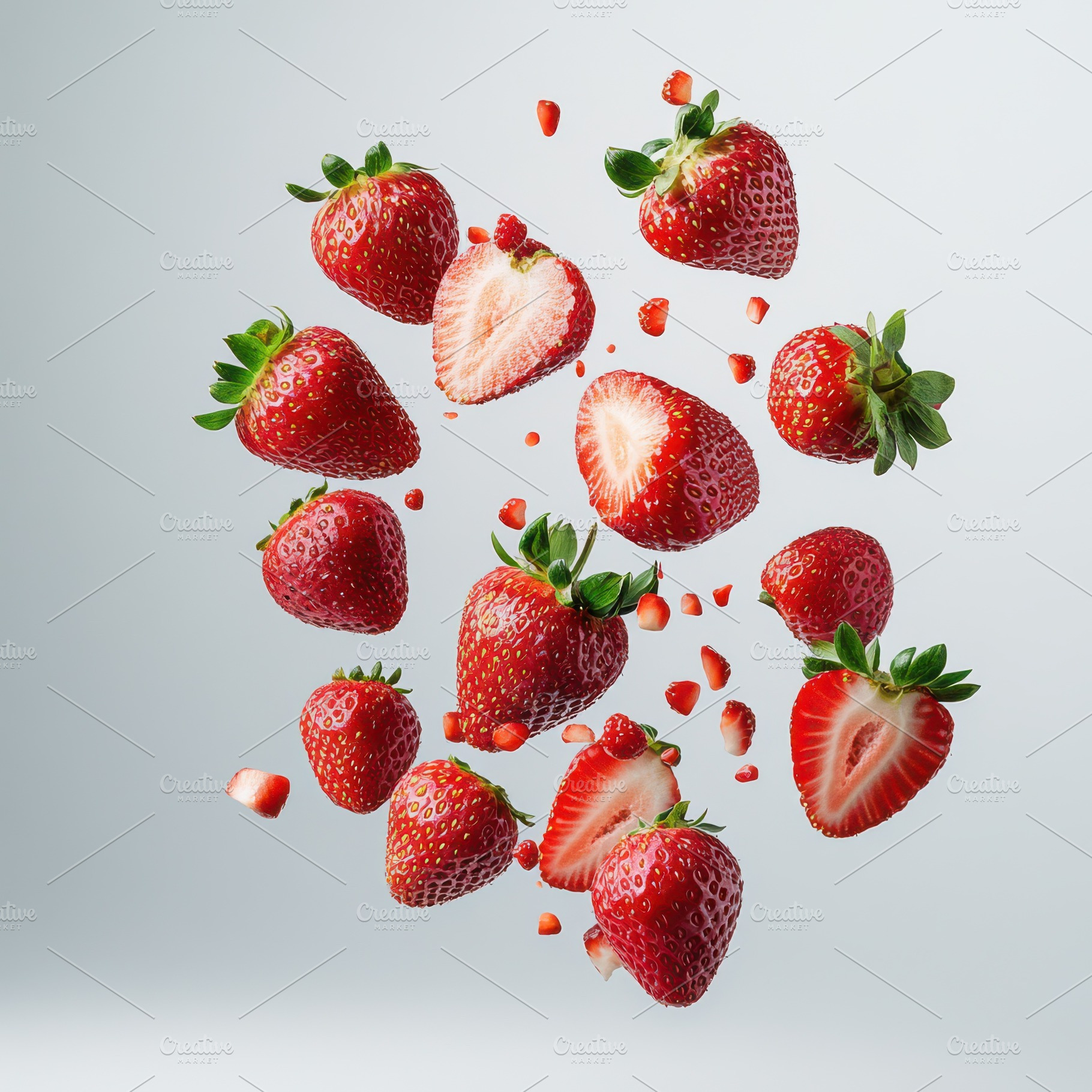 Realistic strawberries flying in the, a Food & Drink Photo by Pixeness Studio