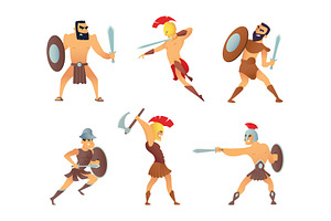 Gladiators Holding Swords. Fighting Characters In Action Poses