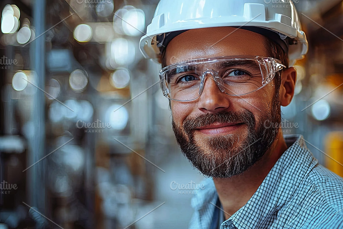 Portrait of a cheerful engineer wearing safety gear in a modern industrial sett, an Illustration by AS photostudio