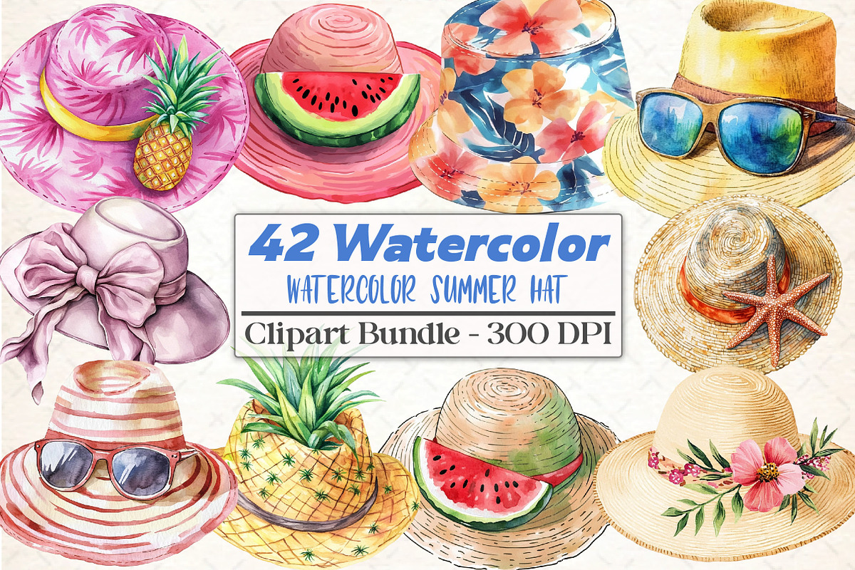 Watercolor Summer Hat Clipart, an Illustration by DreamCafeArt (Photo 1 of 5)