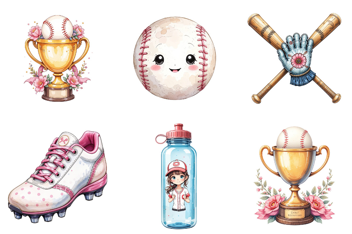Retro Girly Baseball Clipart, an Illustration by Watercolor design (Photo 3 of 4)