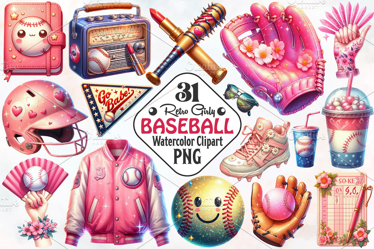 Retro Girly Baseball Clipart, an Illustration by RobertsArt (Photo 1 of 7)
