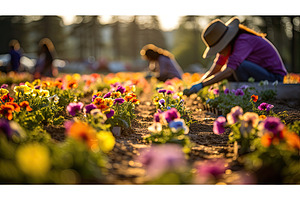 workers spring flower farm ai, a Nature Photo by pikepicture