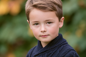 Young boy standing outdoors in autumn, wearing a blue knitted sw, a Person Photo by Studio ANNA