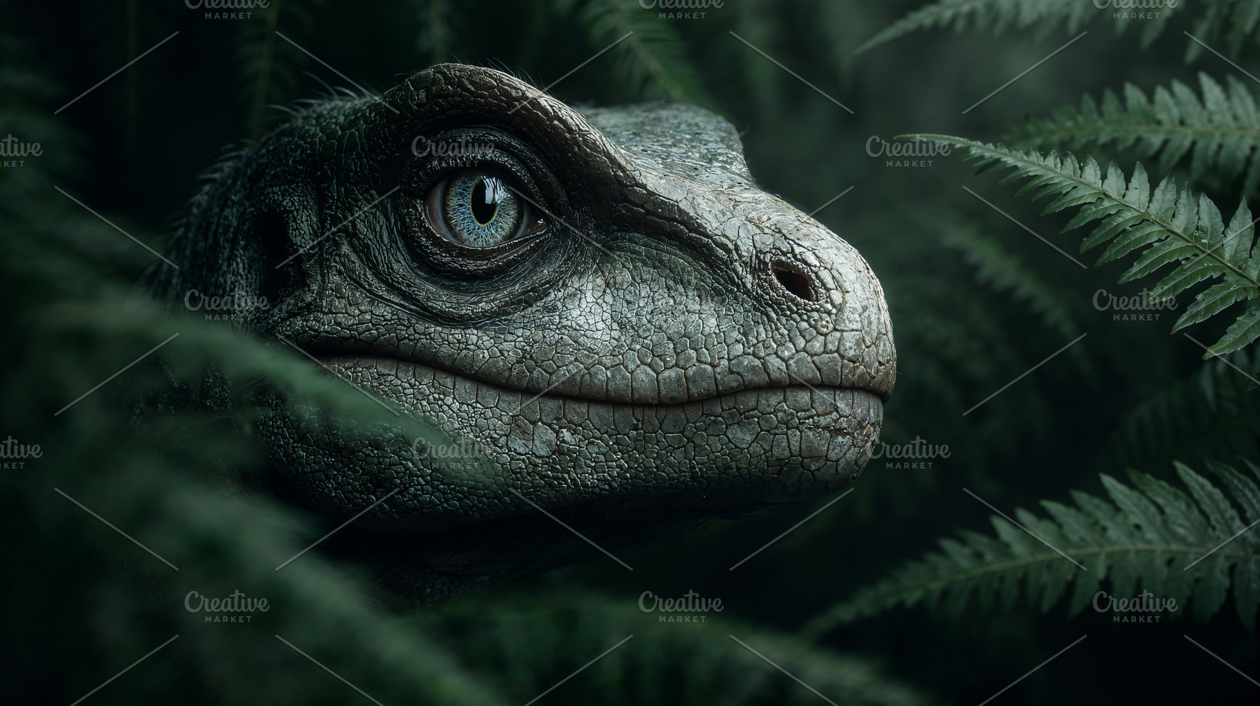 Dinosaur lurking among ferns in dense prehistoric forest, an Animal Photo by OSORIOartist