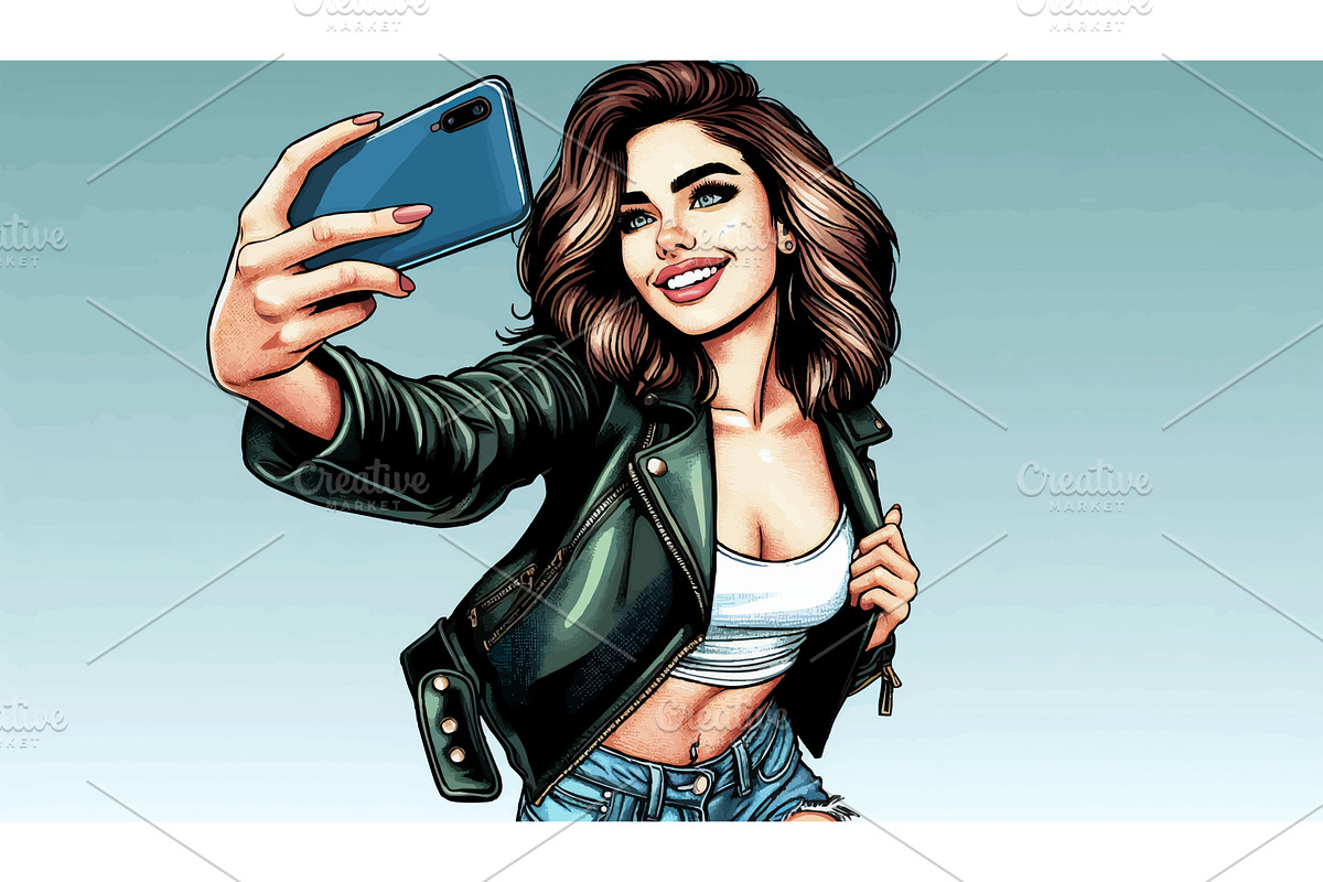 Stylish Woman Taking Selfie in Comic, a Person Illustration by AlexArt