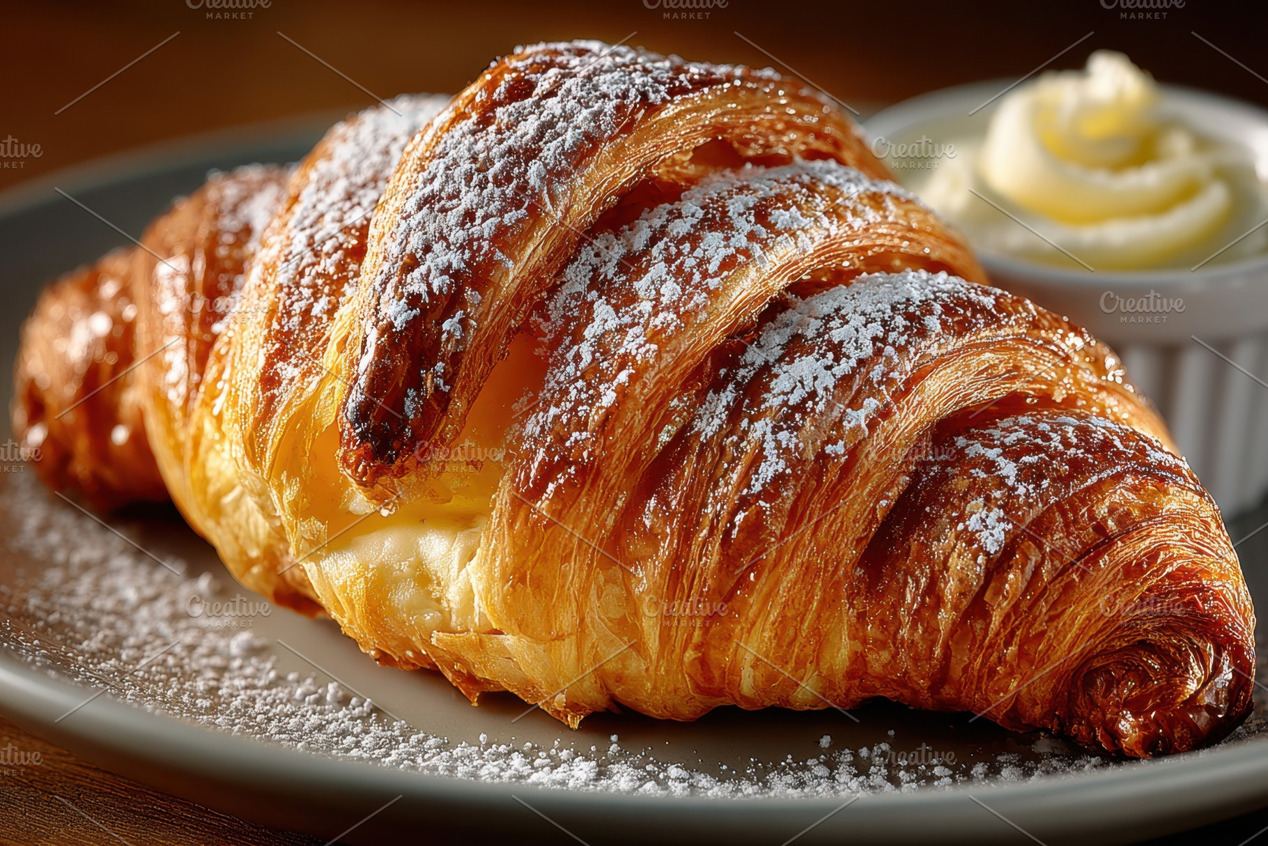 Delicious croissant with powdered sugar and whipped cream, a Food & Drink Photo by AlyaAnd