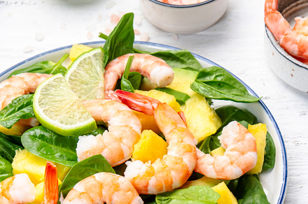 Shrimp pineapple salad with spinach, avocado and lime on white w, a Food & Drink Photo by 5PH