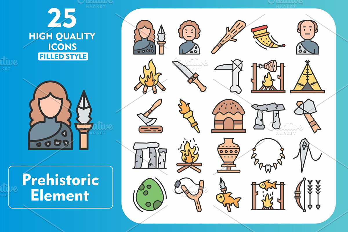 25 Prehistoric Line Filled Icons, an Icon by Pexelpy