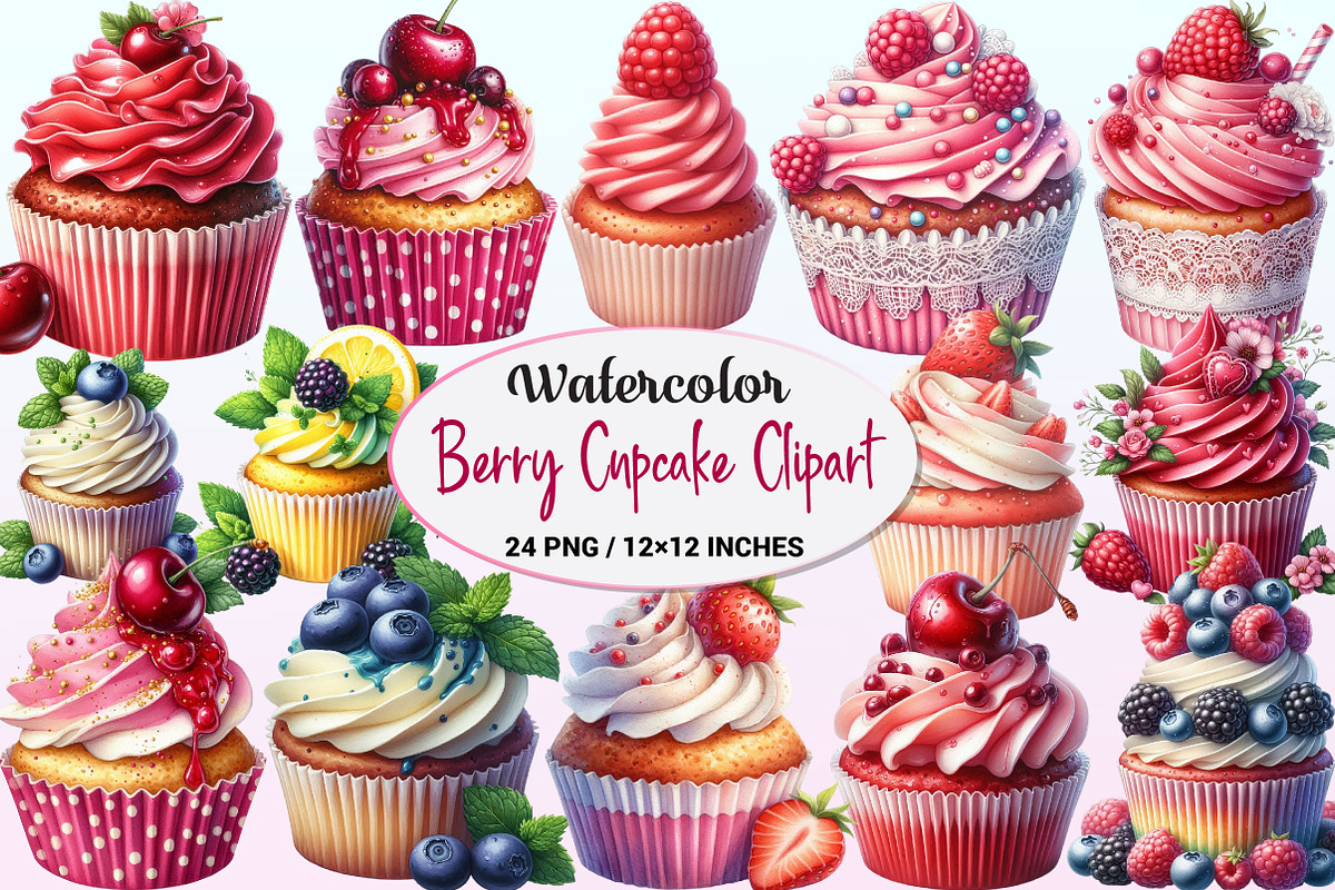 Watercolor Berry Cupcake PNG Clipart, a Graphic by CitraGraphics (Photo 1 of 4)