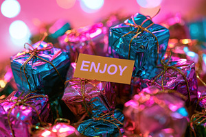 Colorful gifts with a enjoy sign
