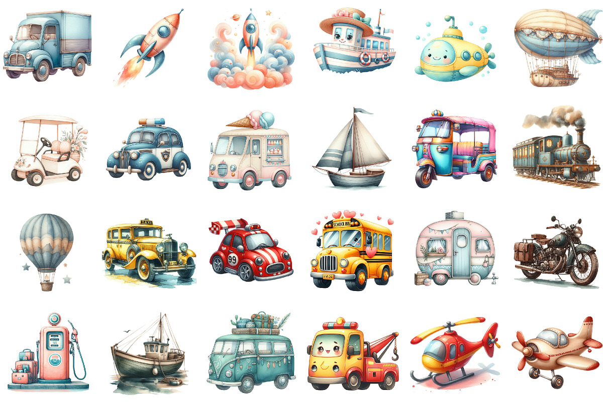 Watercolor Cute Transport Car Airpla, an Illustration by Sublimation Artist (Photo 2 of 6)