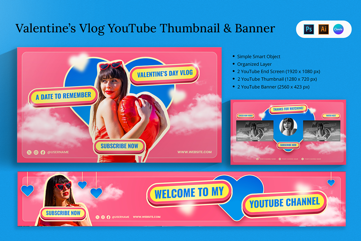 Valentine's Day Vlog Youtube & Canva, a Social Media Template by Attype (Photo 1 of 5)